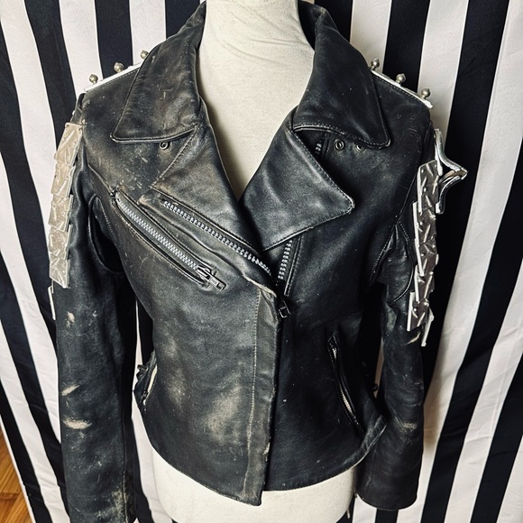 Vintage Custom Made Punk Heavy Metal Diamond Steel Plate Studded Leather Jacket - Picture 2 of 14
